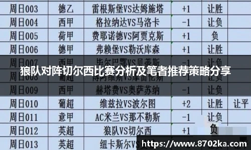 狼队对阵切尔西比赛分析及笔者推荐策略分享